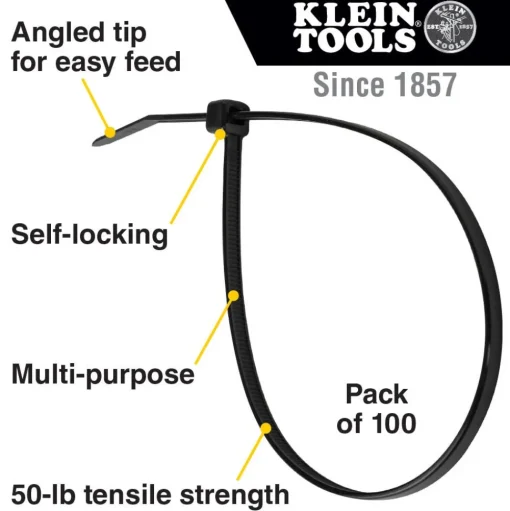 Klein Cable Ties 115", Zip Ties, 50-Pound Tensile Strength, Black 450210