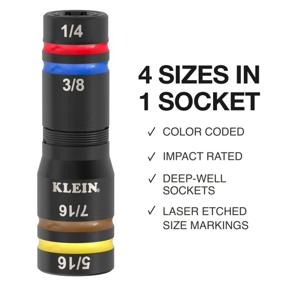 Klein Tools KNECT™ Quad-16 Heavy-Duty Impact Flip Sockets, SAE and Metric, 4-Piece 654QS