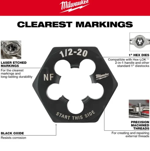 Milwaukee 1/2"-20 NF 1-Inch Hex Threading Die 49-57-5362