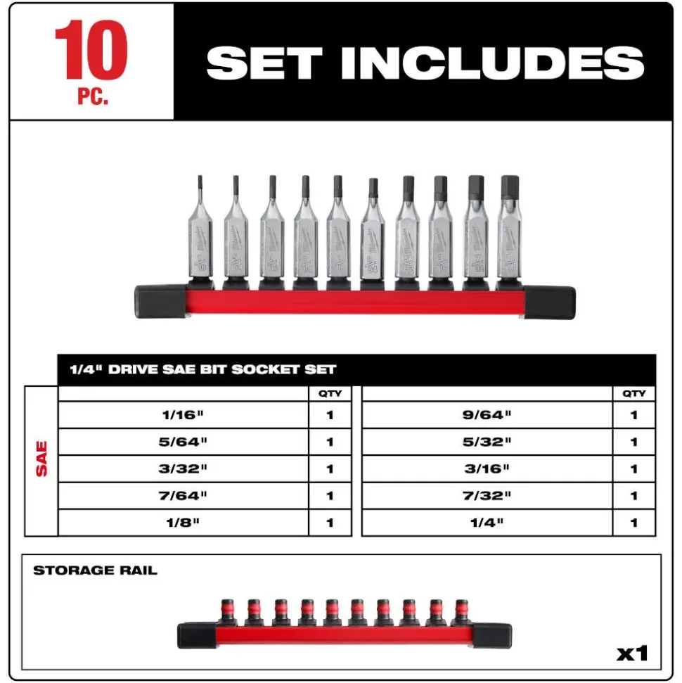 Milwaukee 10 Piece 1/4" Drive Hex Bit Socket Set - SAE 48-22-9540