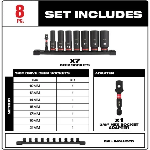 Milwaukee 8 Piece Shockwave Impact Duty 3/8" Drive Metric Deep 6 Point Socket Set 49-66-7021