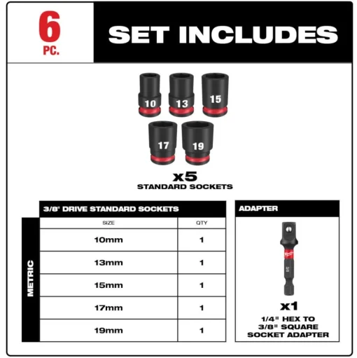 Milwaukee 6 Piece SHOCKWAVE Impact Duty 3/8" Drive Metric Standard Socket Set 49-66-7036