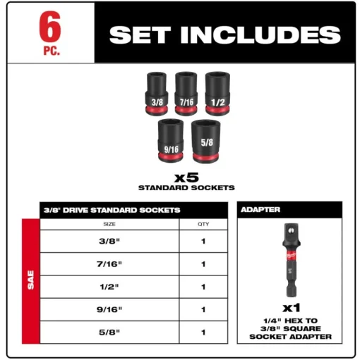 Milwaukee 6 Piece SHOCKWAVE Impact Duty 3/8" Drive SAE Standard Socket Set 49-66-7035