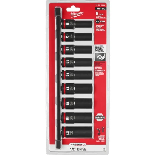 Milwaukee 9 Piece SHOCKWAVE Impact Duty 1/2" Drive Metric Deep 6 Point Socket Set 49-66-7032