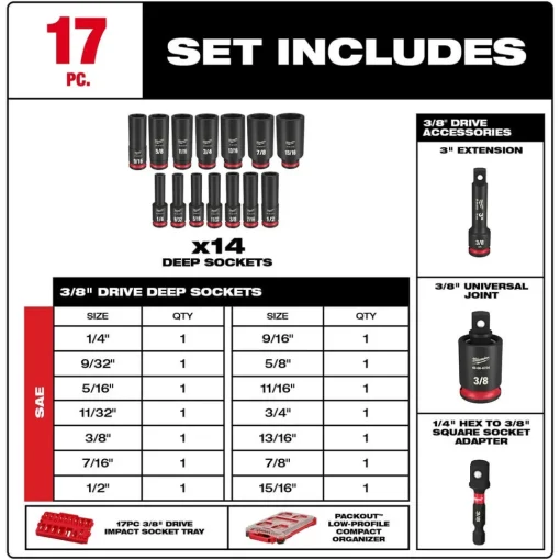 Milwaukee 17 Piece SHOCKWAVE Impact Duty 3/8" Drive SAE PACKOUT Deep Socket Set 49-66-6800
