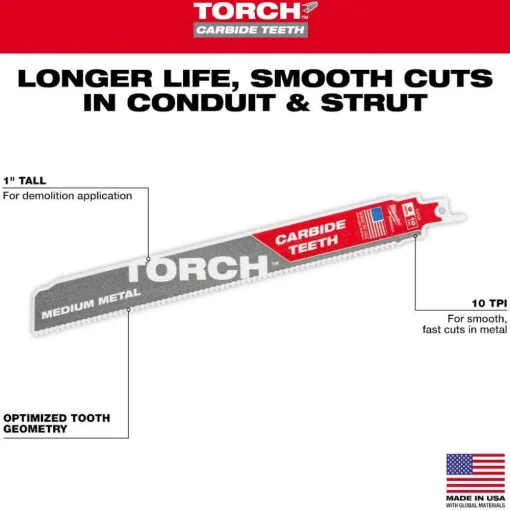 Milwaukee 9" 10TPI TORCH w/ Carbide Teeth Medium Metal Reciprocating Saw Blade - 3 pc 48-00-5352