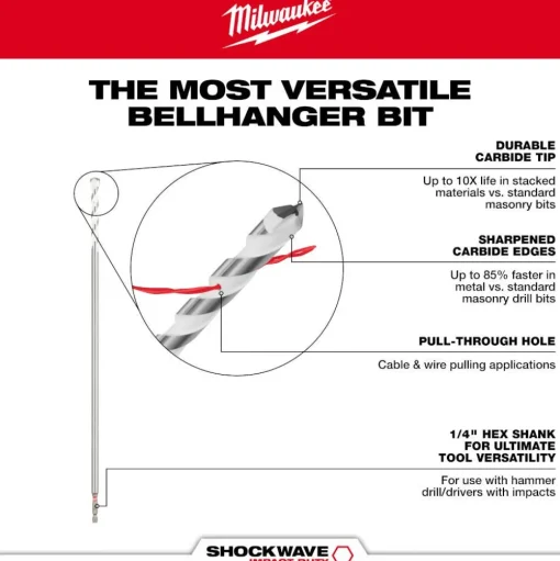 Milwaukee 1/2" x 16" x 18" SHOCKWAVE Impact Duty Carbide Bellhanger Multi-Material Bit 48-20-8866