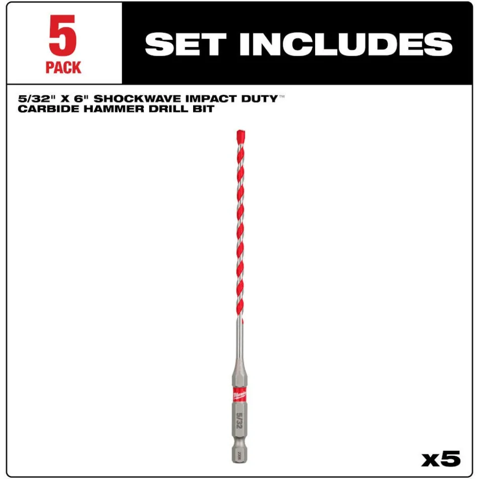 Milwaukee 5/32" x 4" x 6" SHOCKWAVE Impact Duty Carbide Hammer Drill Bits - Bulk 5 PK 48-20-9155