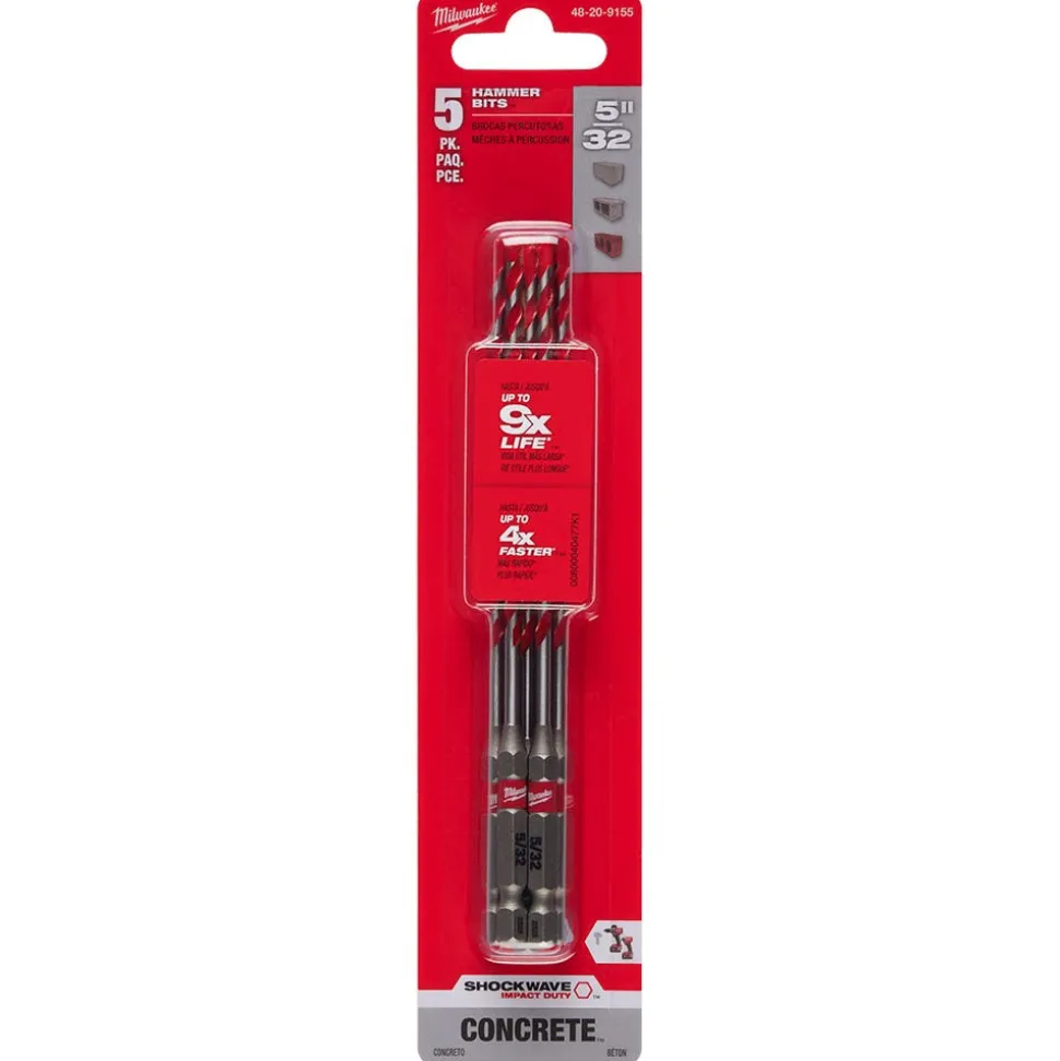 Milwaukee 5/32" x 4" x 6" SHOCKWAVE Impact Duty Carbide Hammer Drill Bits - Bulk 5 PK 48-20-9155