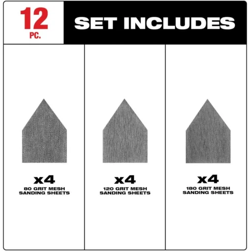 Milwaukee Assorted 80, 120 & 180 Mesh Sanding Sheets for M12 FUEL Orbital Detail Sander 12pk 48-80-5405