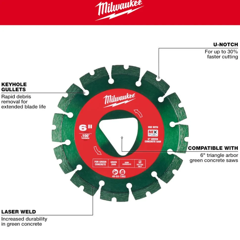 Milwaukee Green 6" x .100" Diamond Blade for Green Concrete (Hard) 49-93-7262