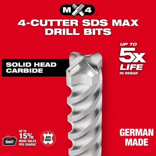 Milwaukee MX4 1-1/8" x 8" x 13" 4-Cutter SDS-MAX Rotary Hammer Drill Bit 48-20-3965