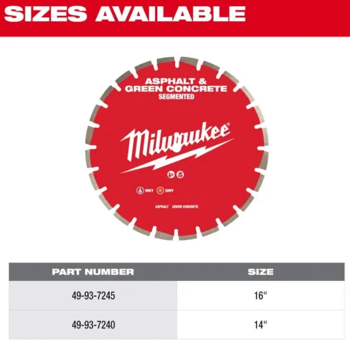Milwaukee Tools 16" Asphalt & Green Concrete Segmented Diamond Blade 49-93-7245