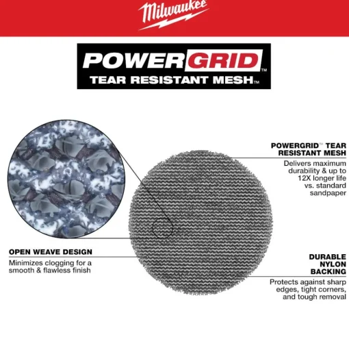 Milwaukee Tools 3” Assorted 80, 120, 180 Grit Mesh Sanding Discs with POWERGRID Tear Resistant Mesh – 12 pk + Pad Saver 48-80-6405