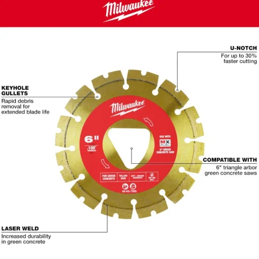 Milwaukee Yellow 6" x .100" Diamond Blade for Green Concrete (Soft) 49-93-7265