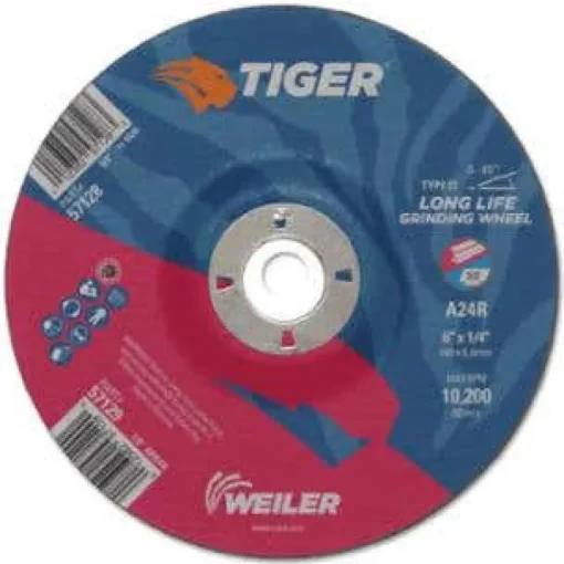 Weiler Tiger AO Grinding Wheel, 6" x 1/4", 7/8" Arbor, A24R, Type 27 57129